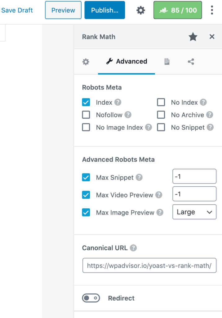 Rank Math module - tucked into the gutenberg sidebar